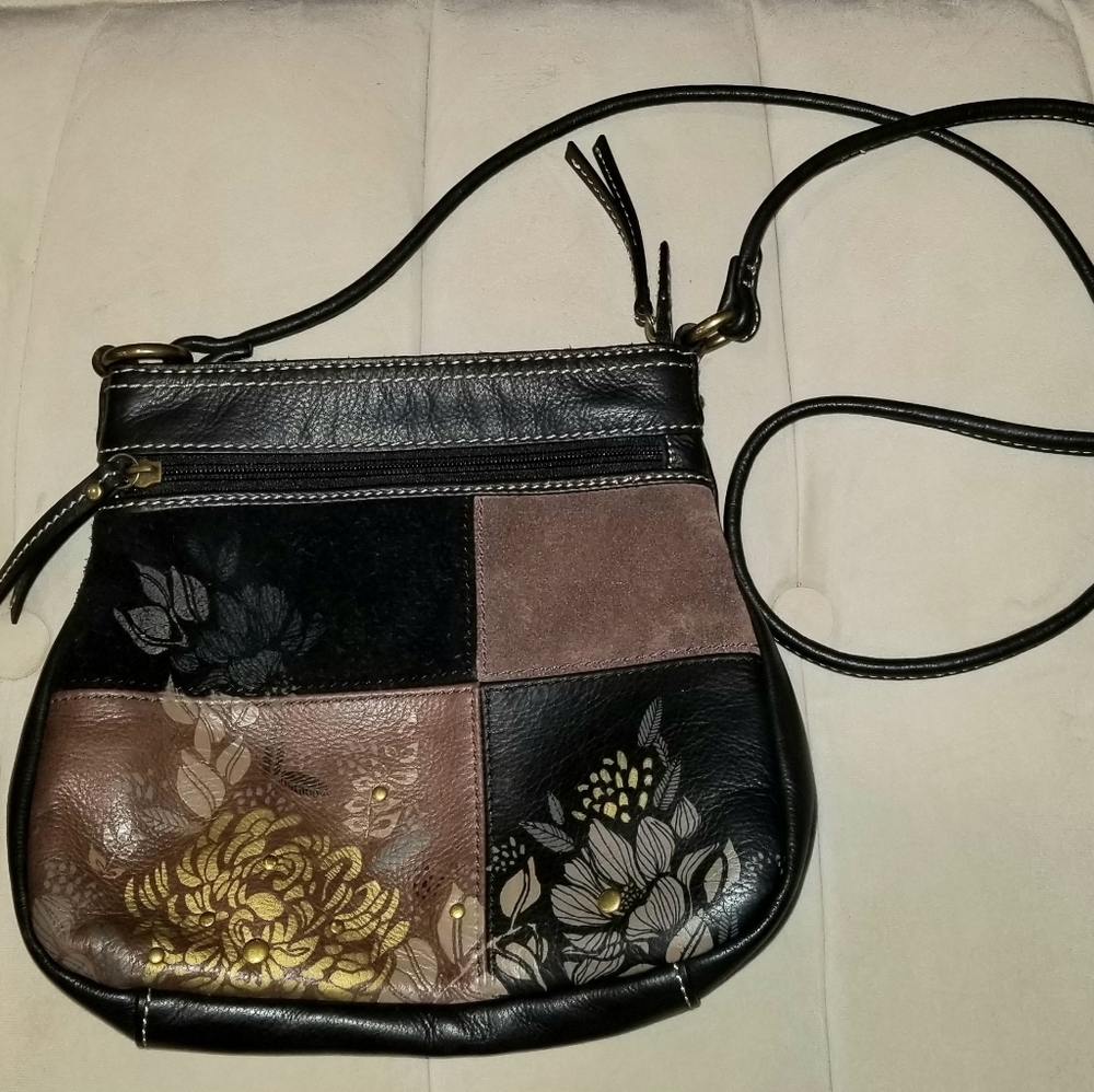 FOSSIL Black Brown Gold Patch Leather Crossbody